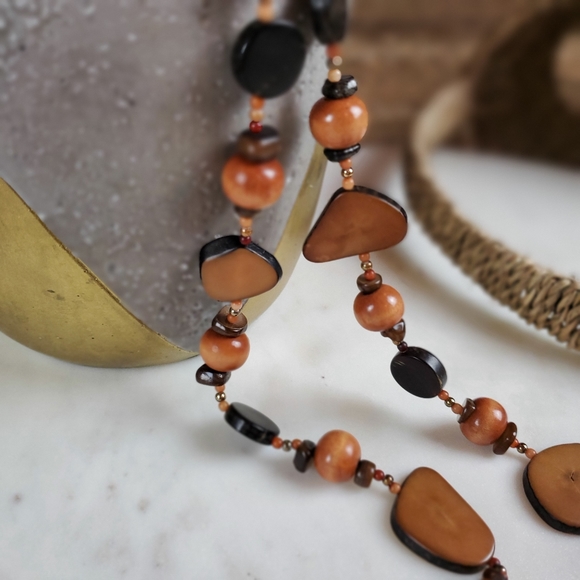 Vintage Boho long petrified chunky wood bead slice necklace - Picture 8 of 14